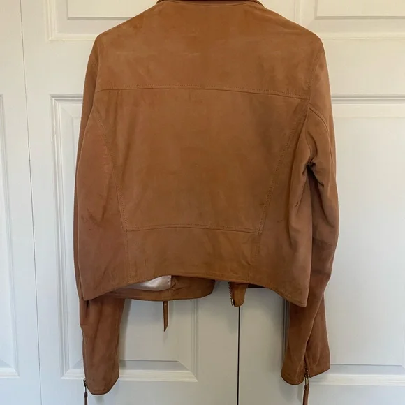GatsbyLady London 100% Lamb Leather Cropped Moto Jacket Tan and Gold Hardware - Picture 2 of 13